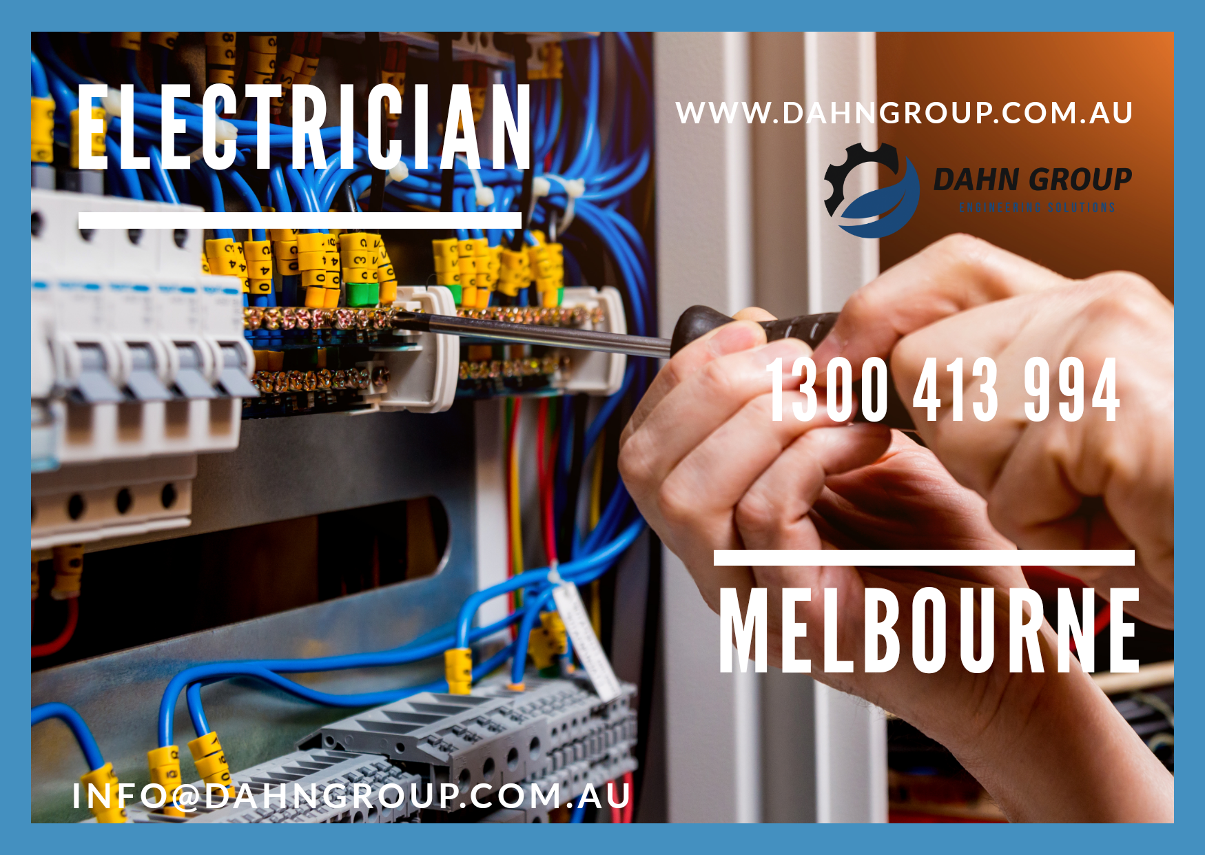 Do you know - which company provides Commercial Electrician Melbourne as fast as possible? Your answer must be the Dahn Group that provides the best electric solution. Our company is a superior choice for all your residential, commercial and industrial electrical needs. Dahn Group Pty Ltd Melbourne Do you know - which company provides Commercial Electrician Melbourne as fast as possible? Your answer must be the Dahn Group that provides the best electric solution. Our company is a superior choice for all your residential, commercial and industrial electrical needs.