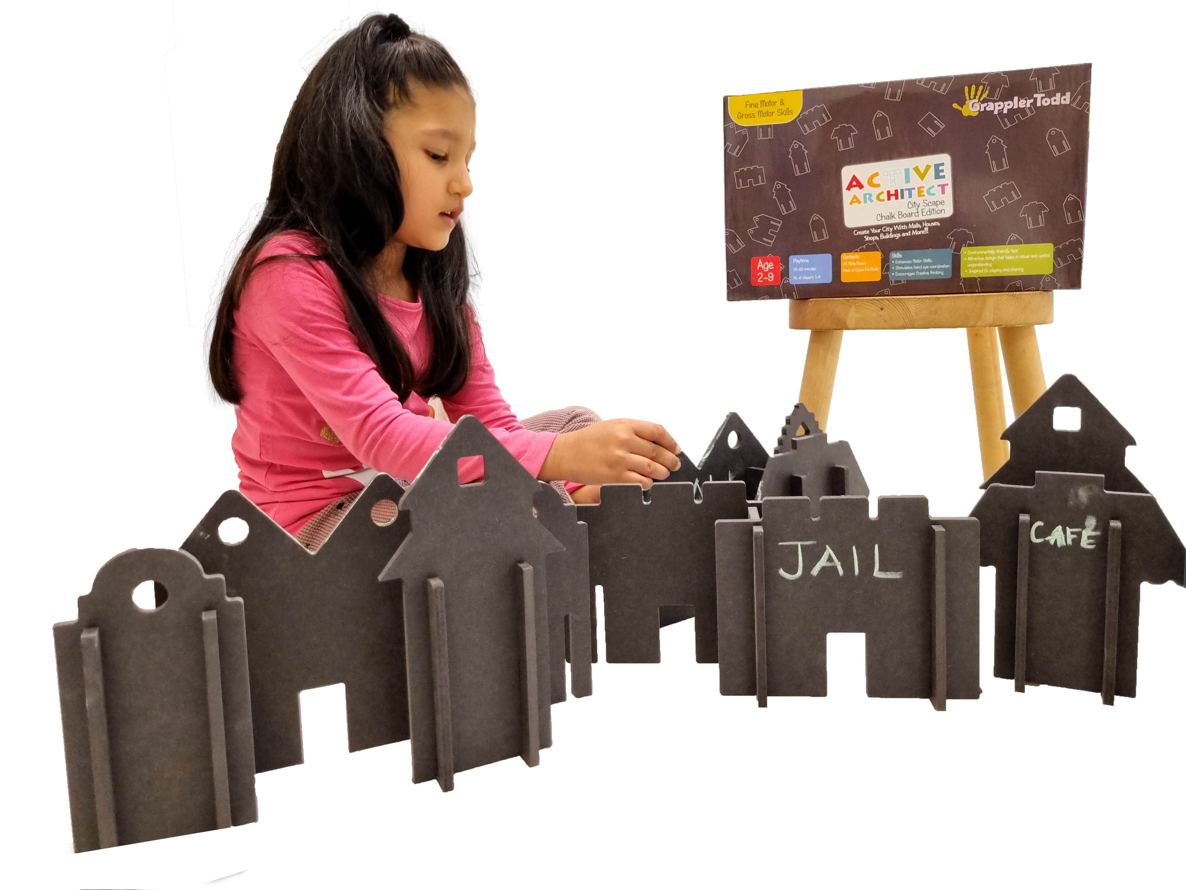 GrapplerTodd Active Architect - Independent Play Toys - Wooden Blocks for Toddlers - Construct Buildings, Towns and Cities - Chalkboard Edition 