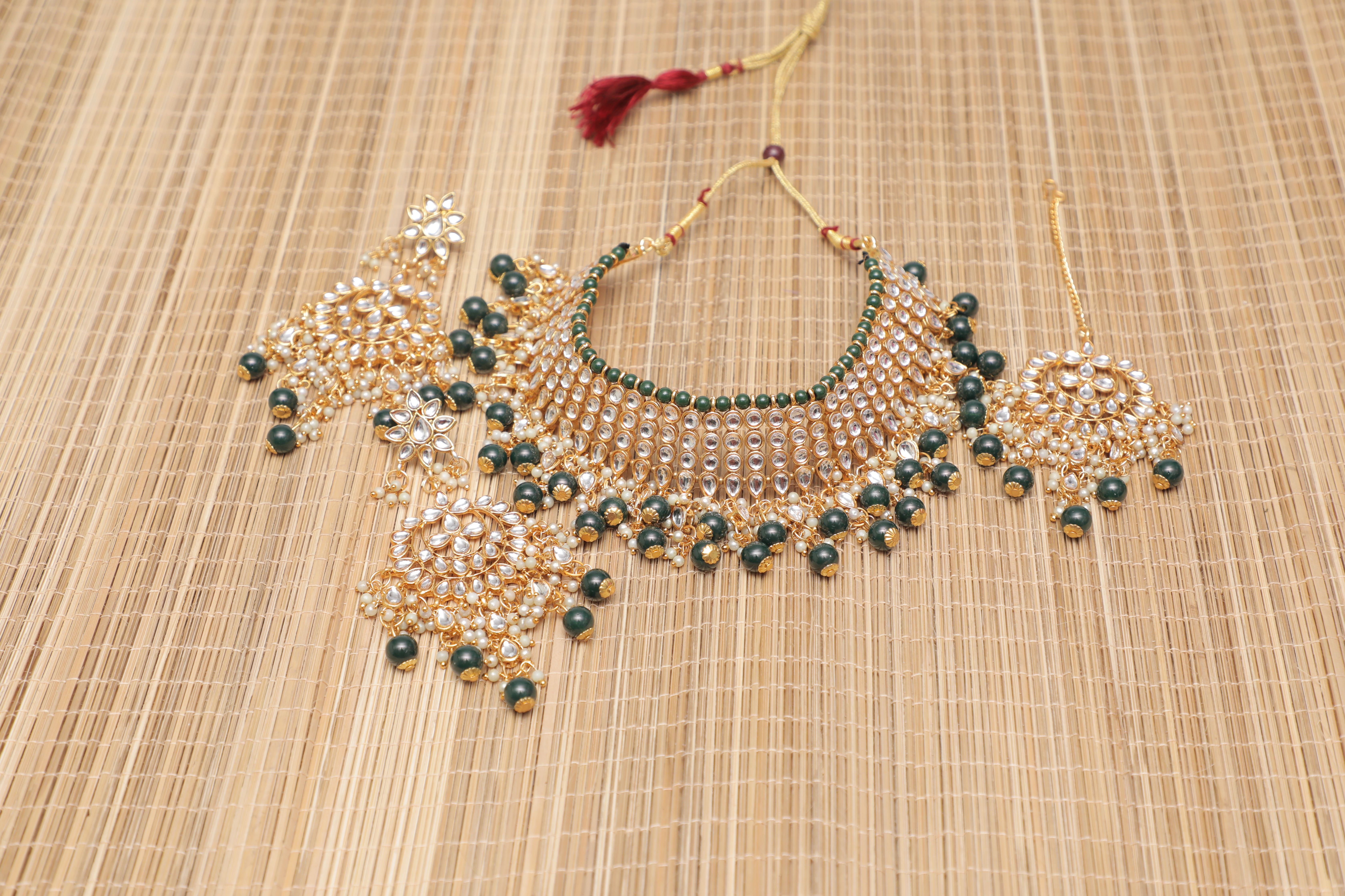 Kundan Green Maroon Traditional Look Bridal Necklace Set For Women