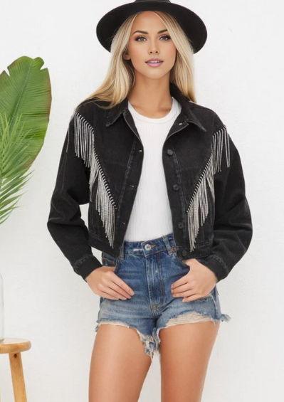 Denim Chevron Fringe Jacket