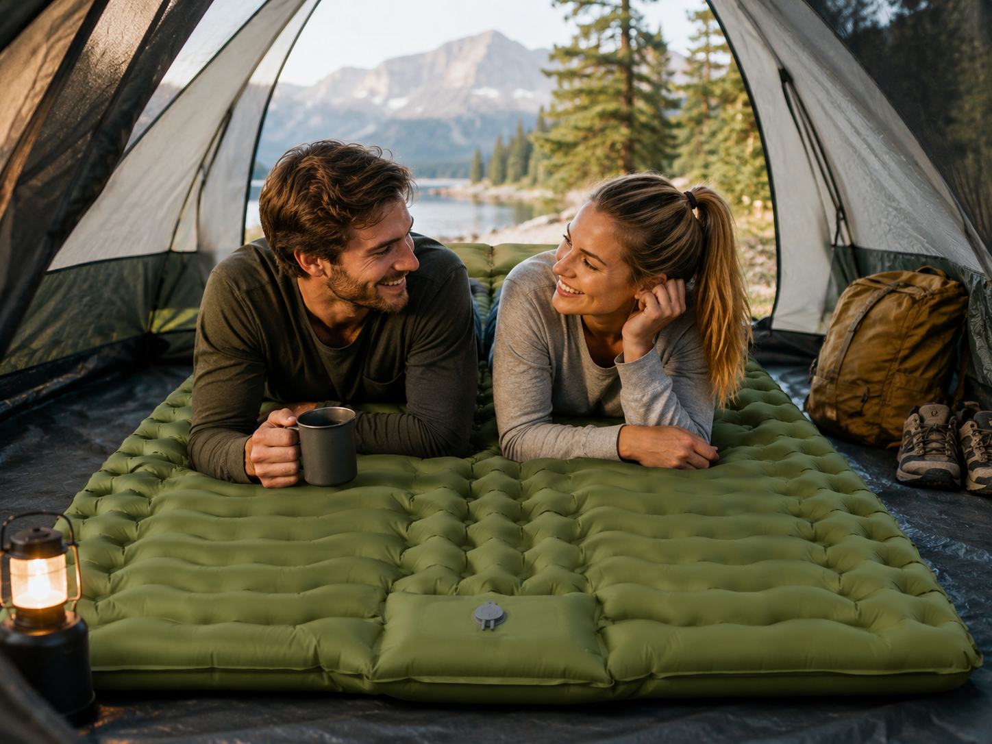 Double Inflatable Camping Mattress with Built-in Foot Pump 